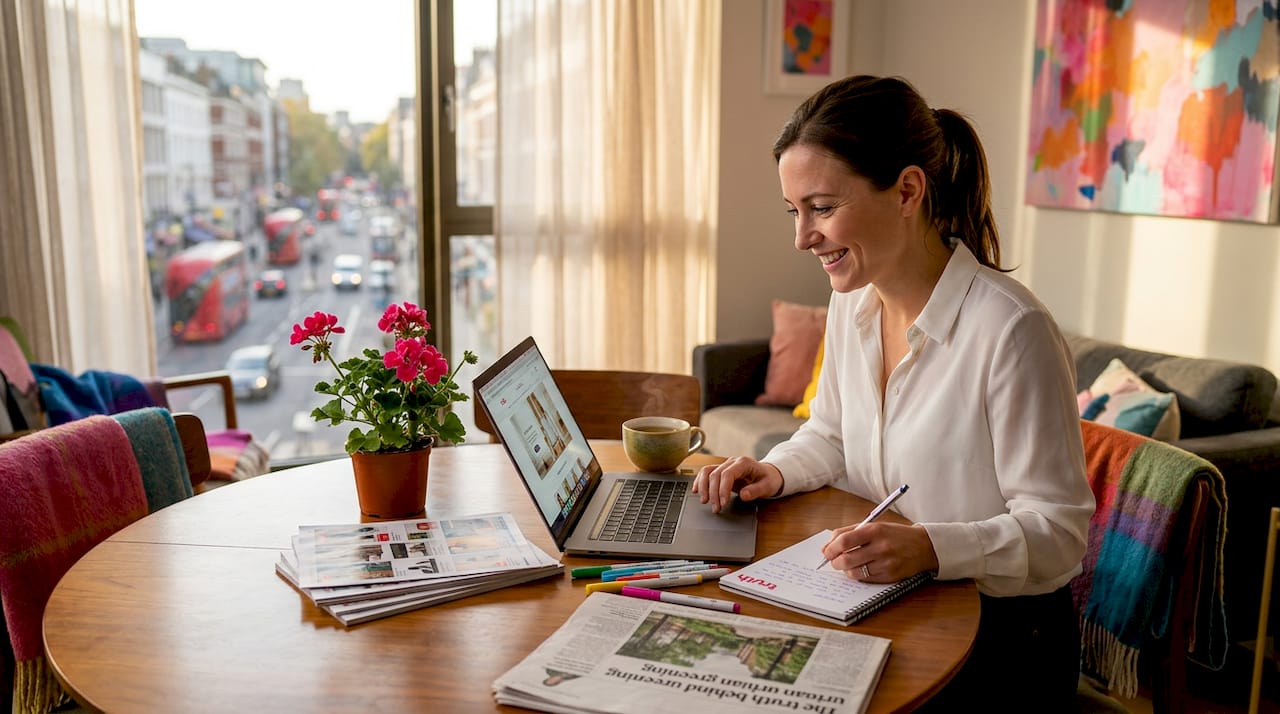 Shopper browsing retail website at kitchen table