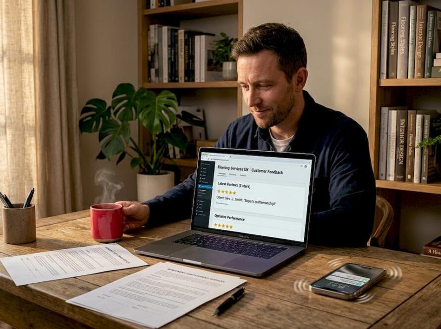 Flooring business owner reviewing reputation online