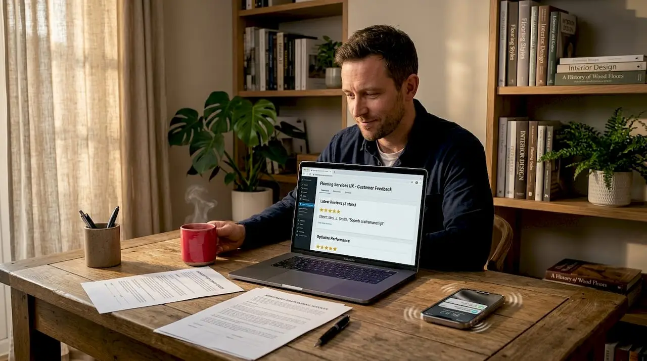 Flooring business owner reviewing reputation online