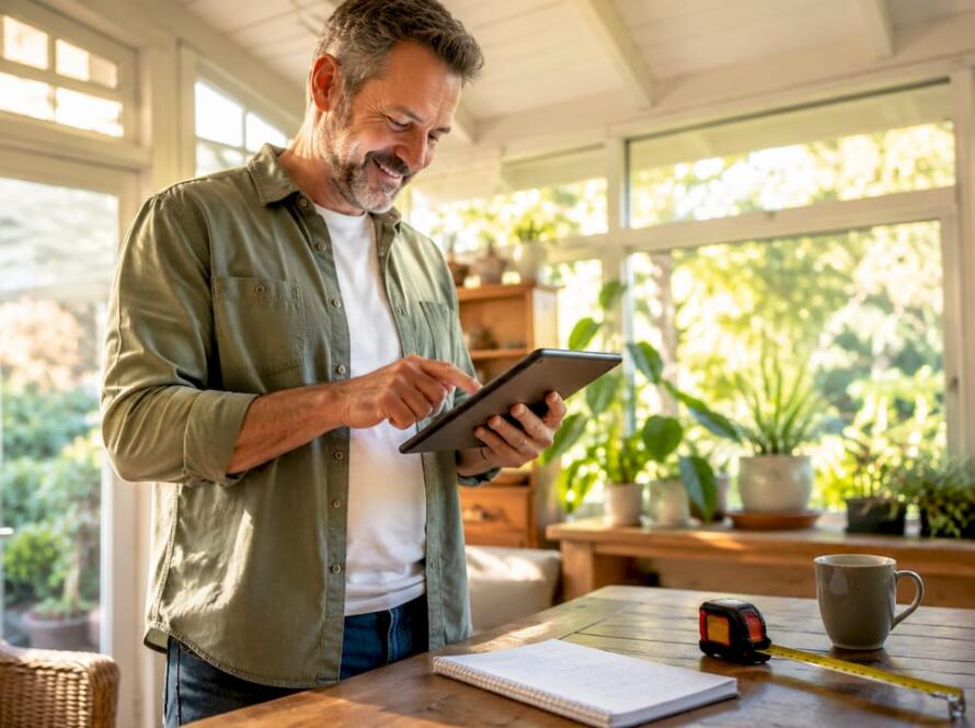Man entering measurements into online flooring calculator