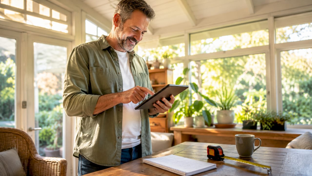 Man entering measurements into online flooring calculator