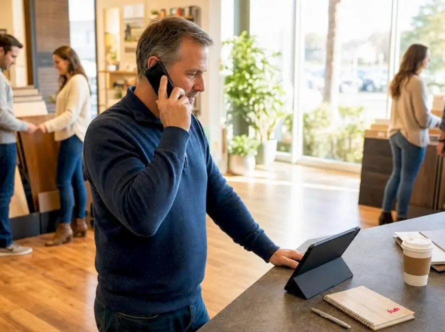 Flooring business owner on phone call in office
