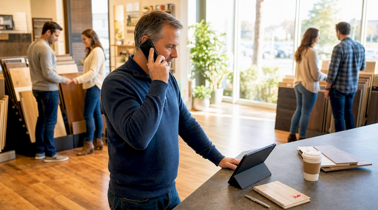 Flooring business owner on phone call in office