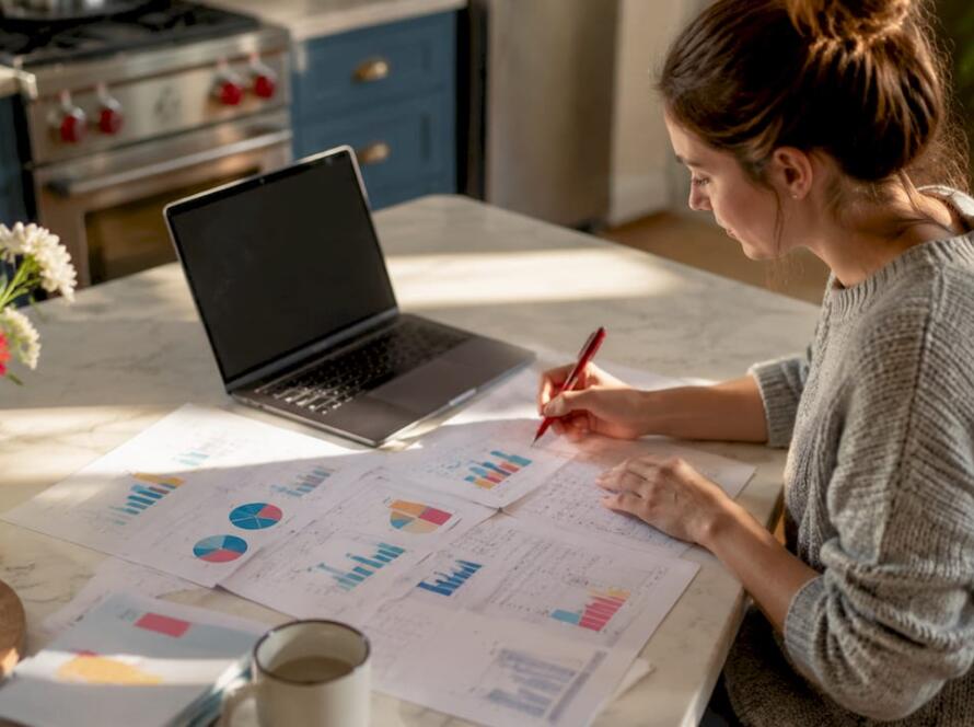 Woman reviewing keyword research charts