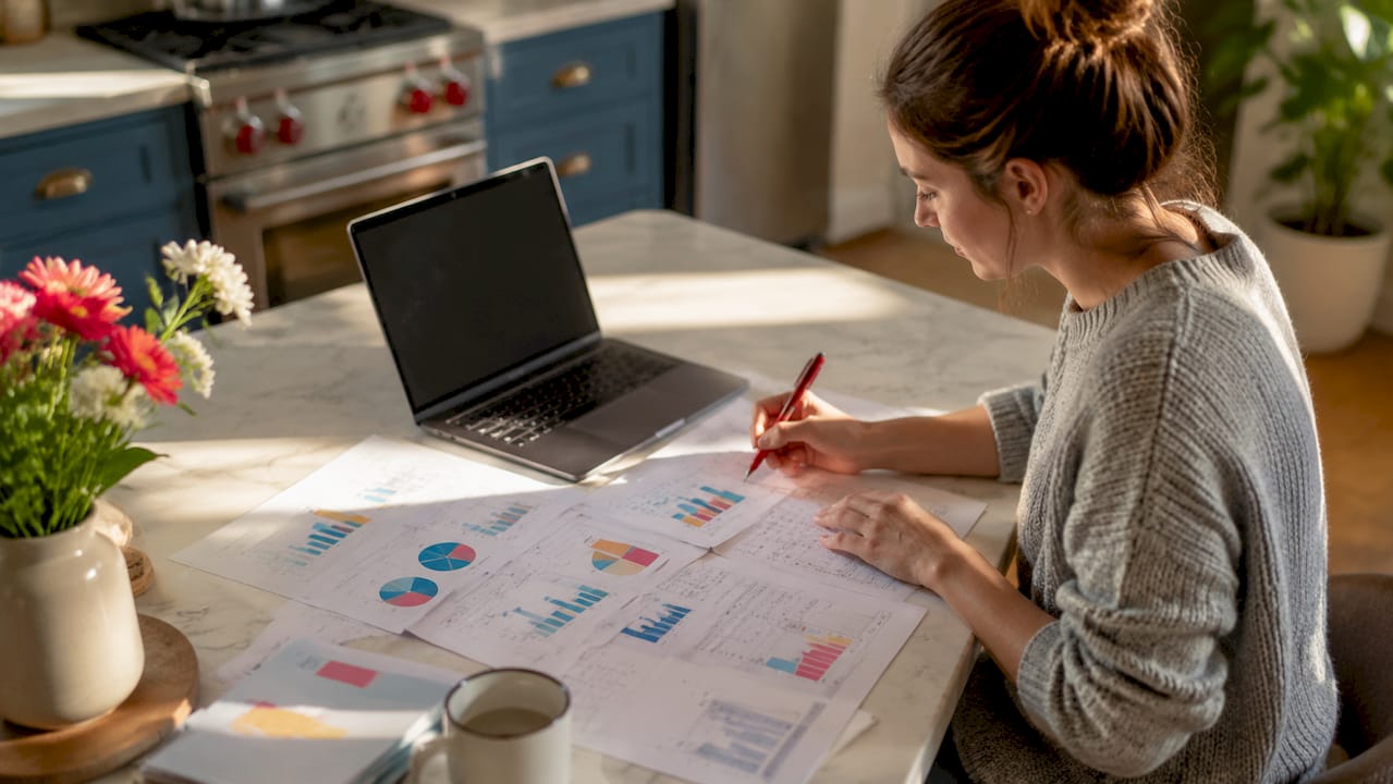 Woman reviewing keyword research charts