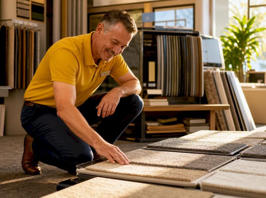 Sales associate presenting flooring samples in showroom
