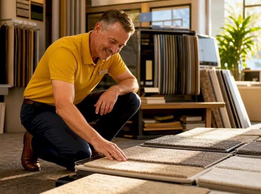 Sales associate presenting flooring samples in showroom