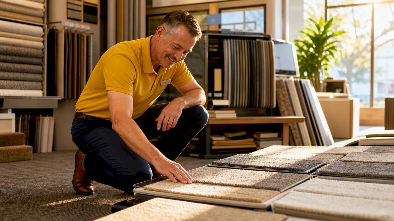 Sales associate presenting flooring samples in showroom