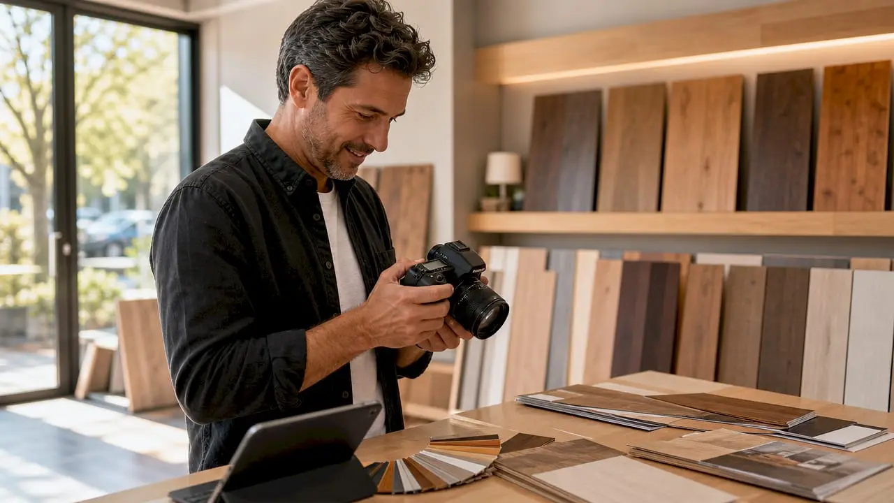 Flooring specialist reviewing high-res flooring photos