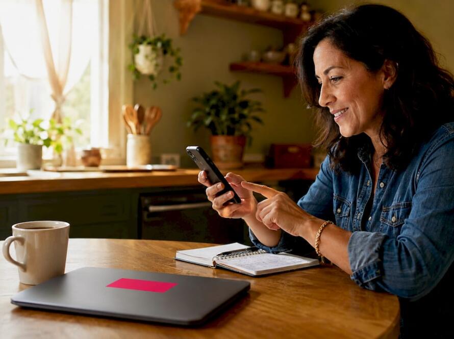 Woman browsing flooring website testimonials on smartphone