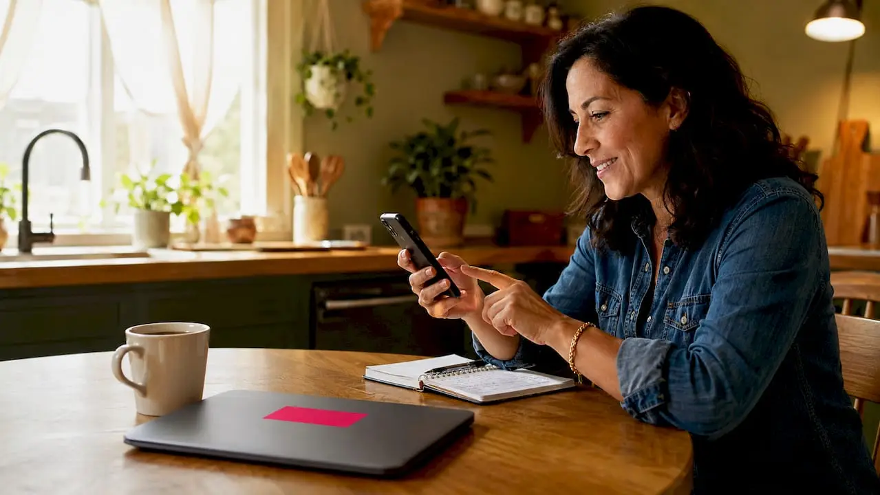 Woman browsing flooring website testimonials on smartphone